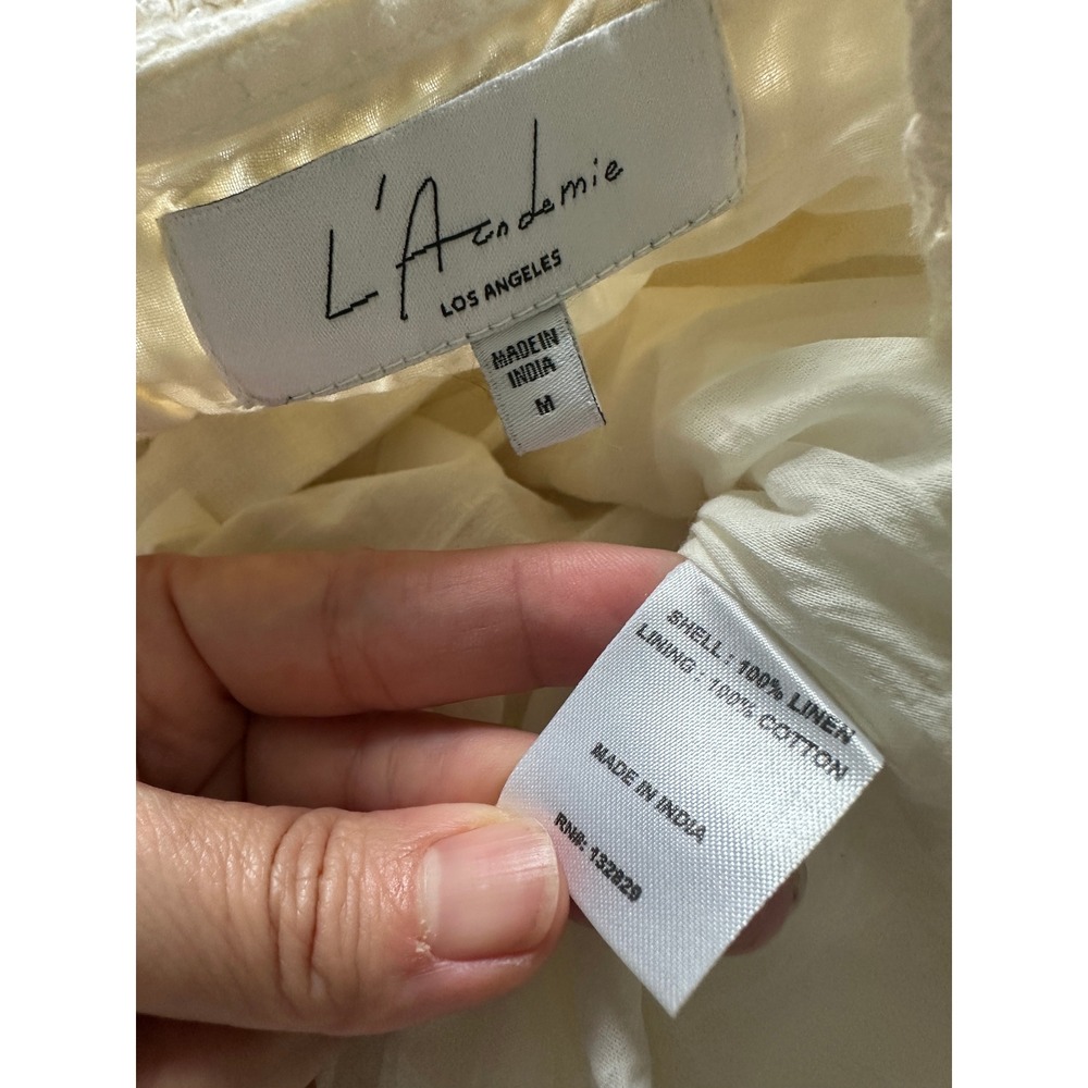 L'Academie Lea Dress Linen Crochet Cutout Mini Dress Smock Back Cream White M - Picture 10 of 11